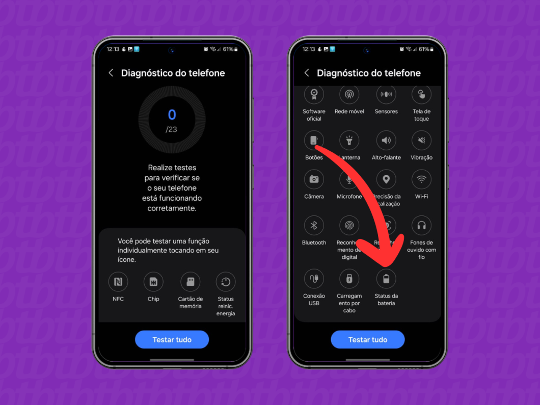 Capturas de tela do app Samsung Members mostram como testar o status da bateria
