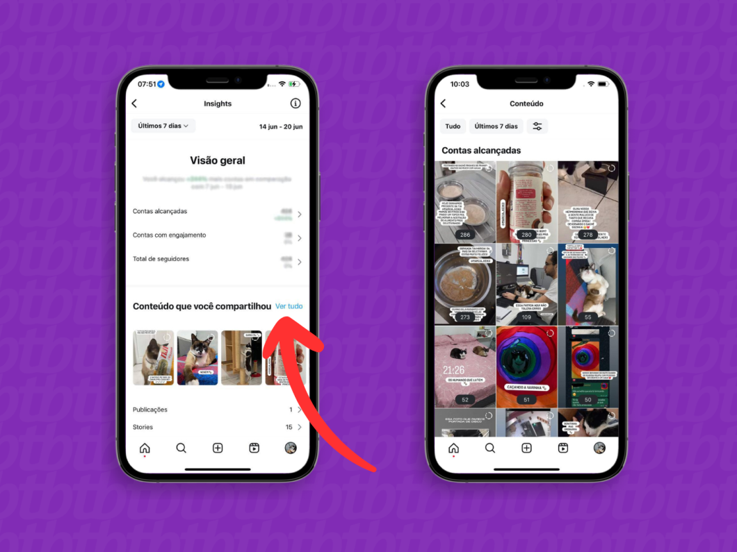 Capturas de tela do aplicativo Instagram mostram como ver os dados de Insights de conteúdos compartilhados