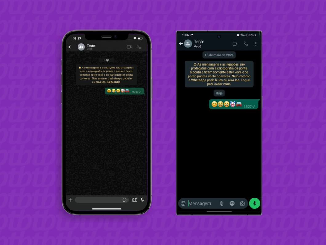 Capturas de tela do WhatsApp no iOS e no Android mostram as diferenças dos emojis em cada sistema operacional