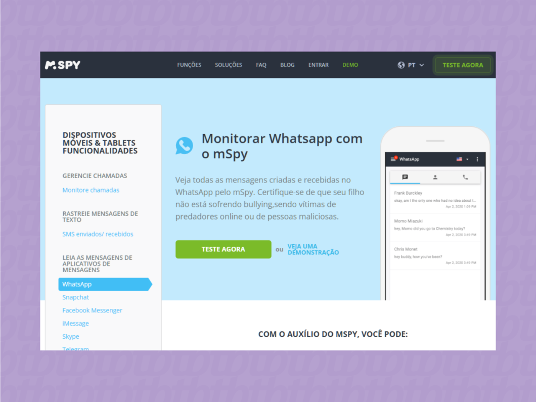 Página do site mSpy, que oferece serviço para espionar o WhatsApp de outra pessoa