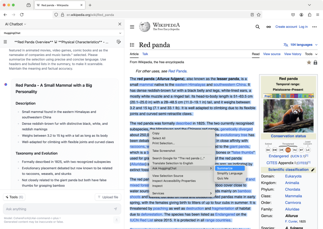 Tela do Firefox com texto da Wikipédia selecionado, menu de contexto aberto e três opções de ação: resumir, simplificar e transformar em quiz. O resultado aparece em uma barra lateral na esquerda da tela.
