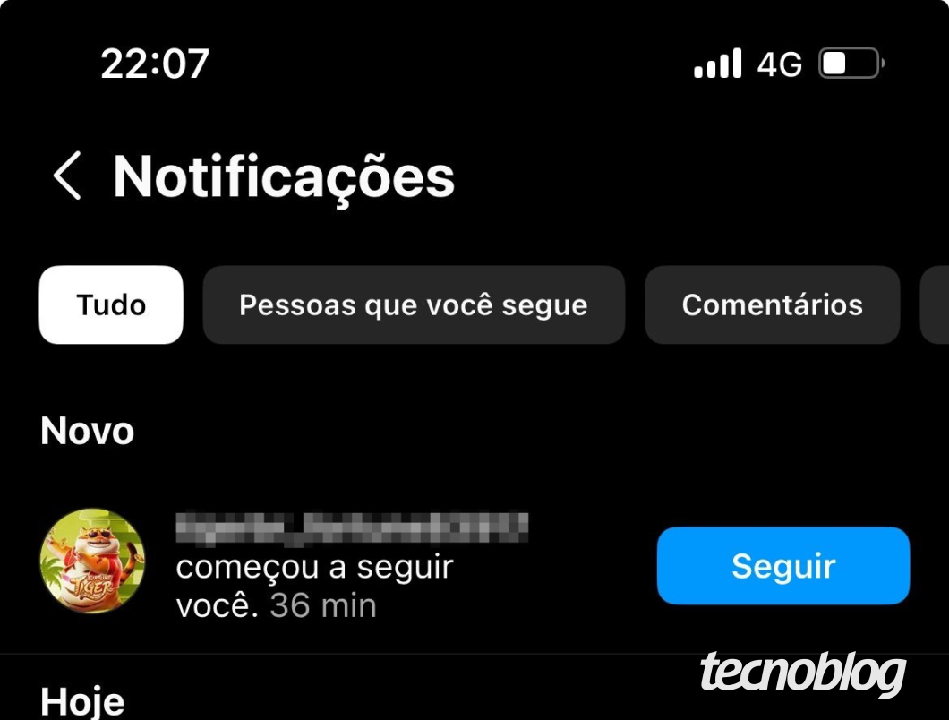 Print de notificação no Instagram sobre novo seguidor com avatar do tigrinho