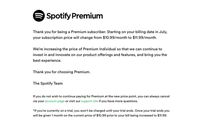 Aviso de reajuste enviado a usuários do Spotify nos Estados Unidos (imagem: reprodução/Spotify)