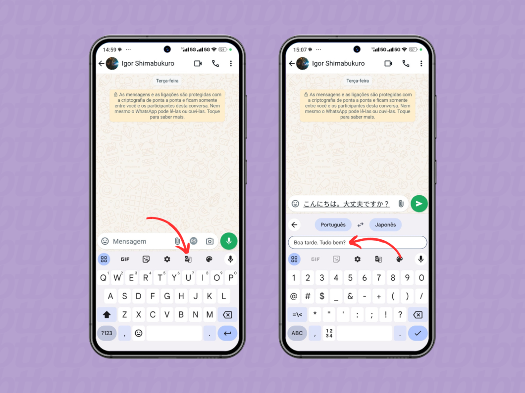 Usando a tradução simultânea do teclado Gboard no WhatsApp