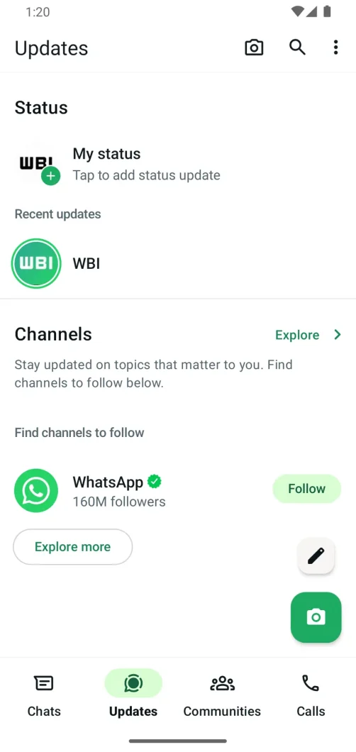 Tela de atualizações do WhatsApp, com lista de Status sem indicações de horário