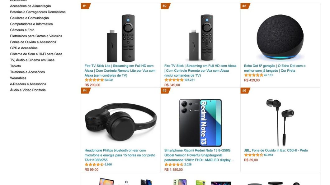 Print do site da Amazon com aparelhos mais vendidos. Redmi Note 12 aparece na quinta posição.