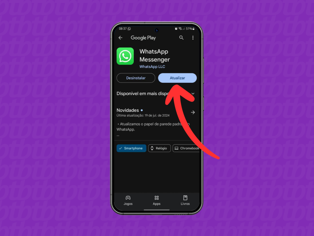 Captura de tela do Google Play mostra como atualizar o WhatsApp