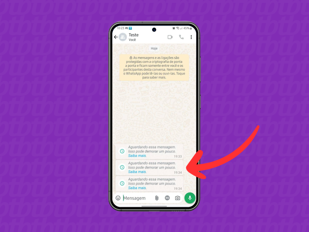 Captura de tela do aplicativo WhatsApp mostra uma conversa com o aviso "Aguardando mensagem. Isso pode demorar um pouco"