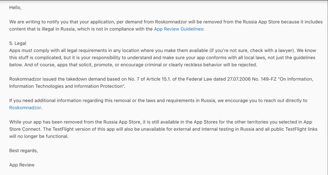 Email enviado pela Apple para os VPNs removidos da App Store na Rússia (Imagem: Reprodução/Red Shield VPN/TechCrunch)