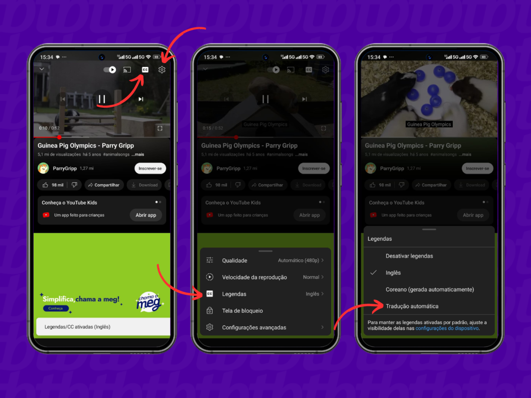 Ativando a legenda do vídeo do YouTube e a tradução automática