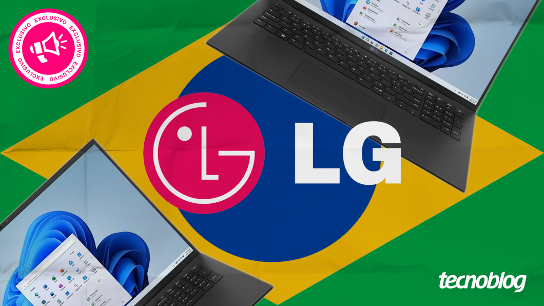 Dois notebooks sobre fundo com a bandeira do Brasil e o logo da LG no centro