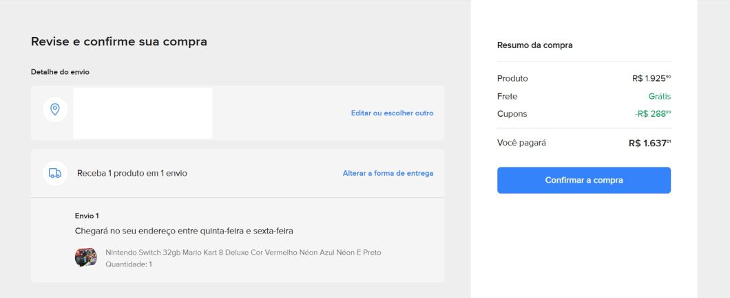 Finalização da compra do Nintendo Switch (Imagem: Reprodução/Mercado Livre)