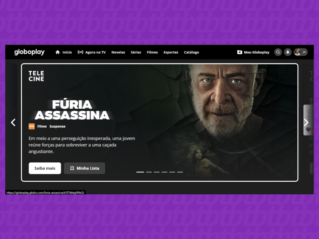 Captura de tela do site Globoplay mostra a página inicial do catálogo do Telecine