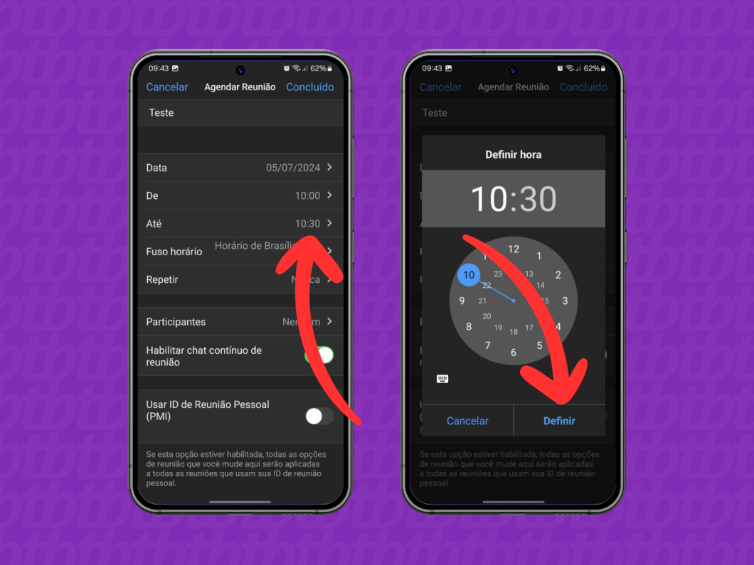 Capturas de tela do aplicativo Zoom mostram como editar o horário de término da reunião