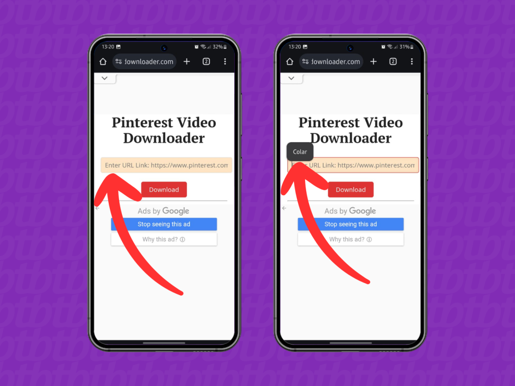 Capturas de tela do site Pinterest Video Downloader mostram como colar o link do vídeo do Pinterest