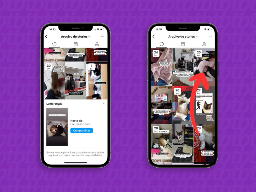 Capturas de tela do aplicativo Instagram mostram como selecionar um story arquivado