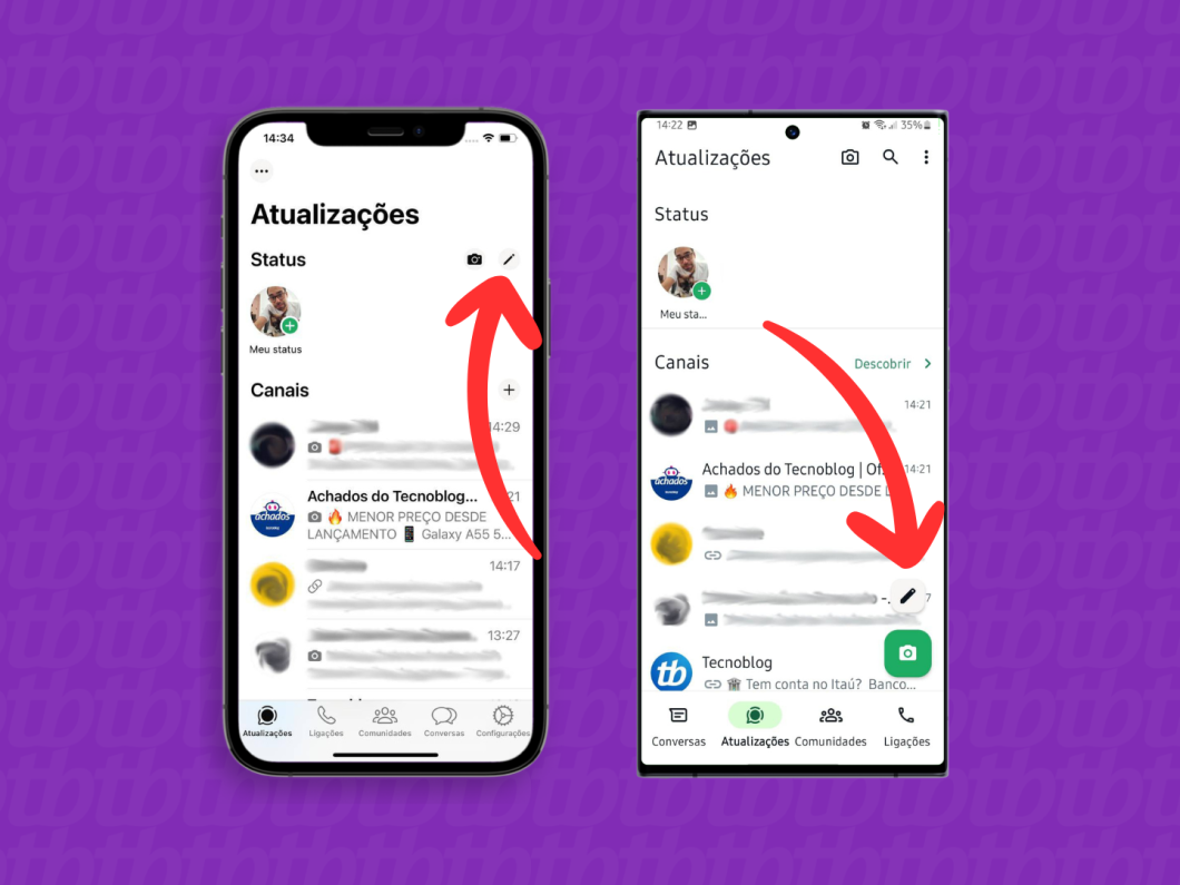 Capturas de tela do aplicativo WhatsApp no iPhone e no Android mostram como acessar o menu de criação de Status