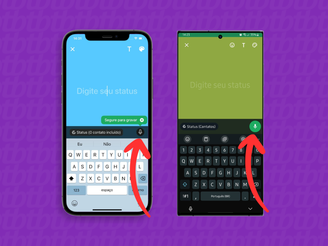 Capturas de tela do aplicativo WhatsApp no iPhone e no Android mostram como usar o microfone para gravar mensagem de voz para o Status