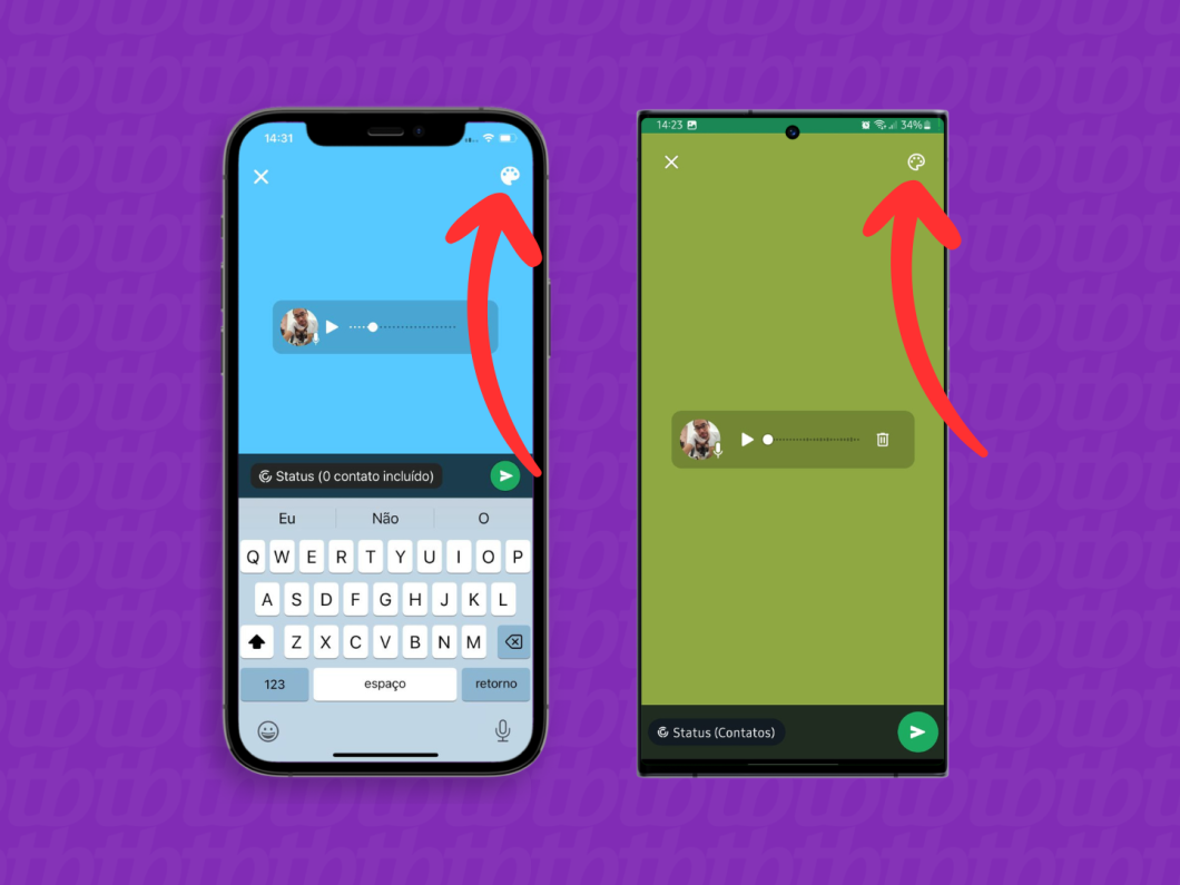Capturas de tela do aplicativo WhatsApp no iPhone e no Android mostram como alterar a cor de fundo do Status