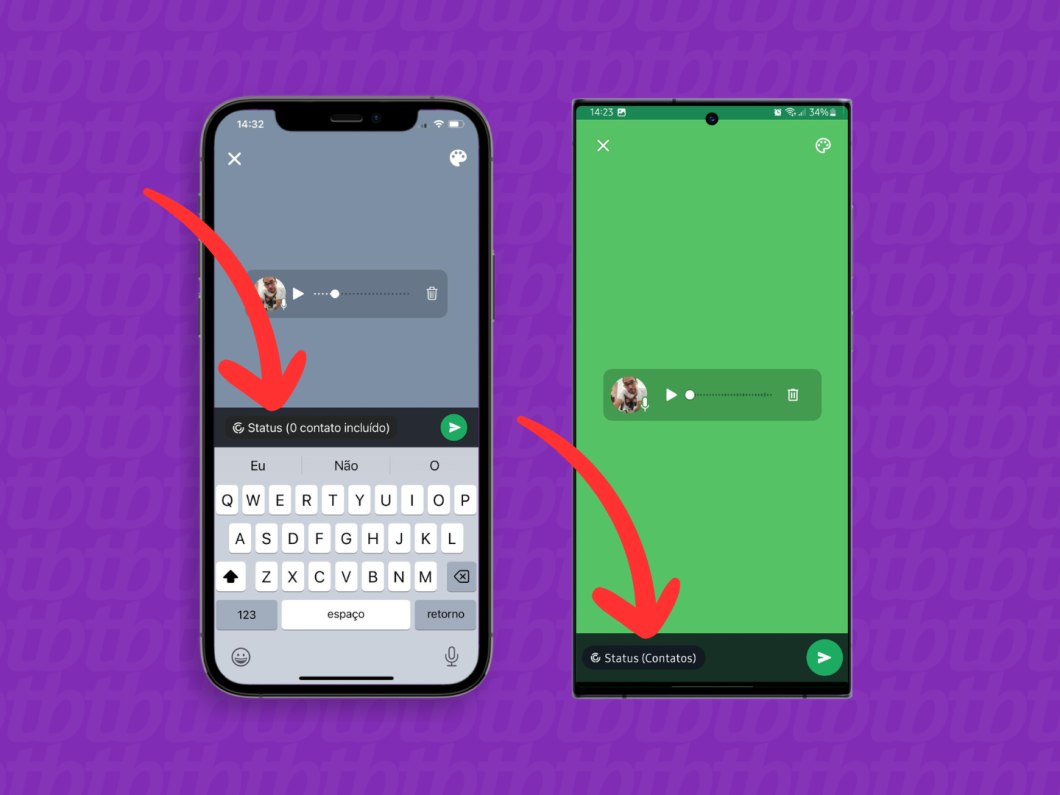 Capturas de tela do aplicativo WhatsApp no iPhone e no Android mostram como a opção Status (Contatos)