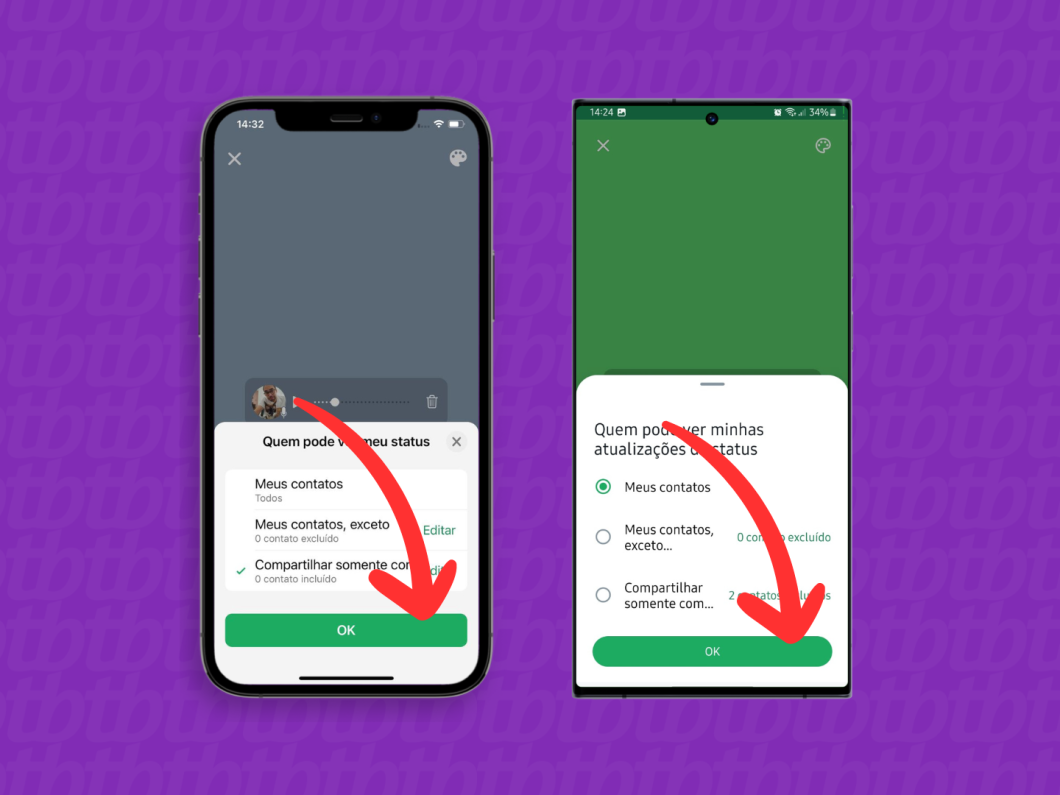 Capturas de tela do aplicativo WhatsApp no iPhone e no Android mostram como selecionar o público do Status