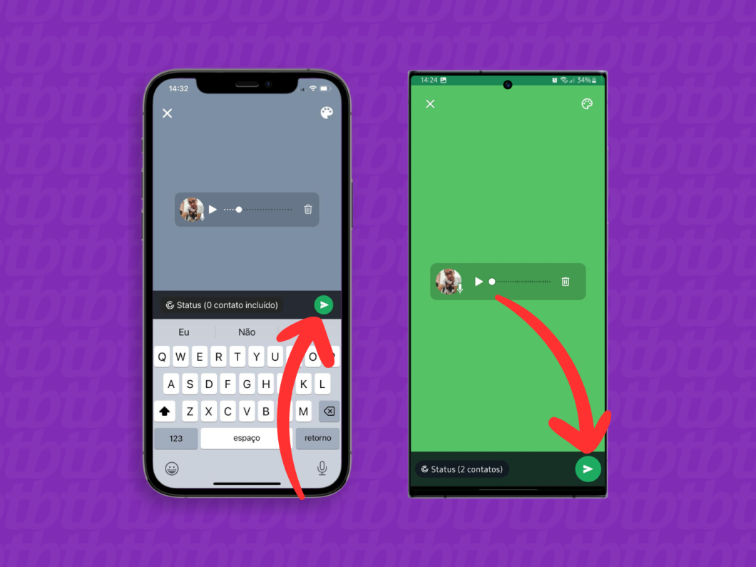 Capturas de tela do aplicativo WhatsApp no iPhone e no Android mostram como publicar o Status com áudio