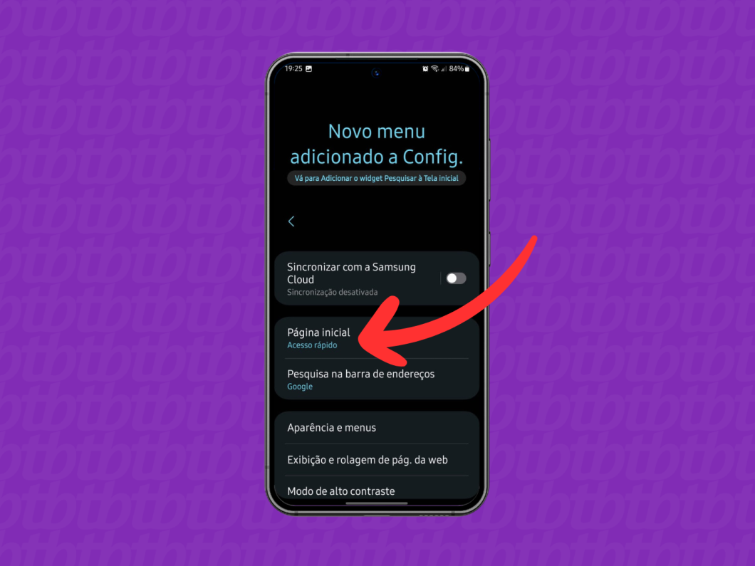 Captura de tela do navegador Samsung Internet mostra como abrir a opção Página inicial