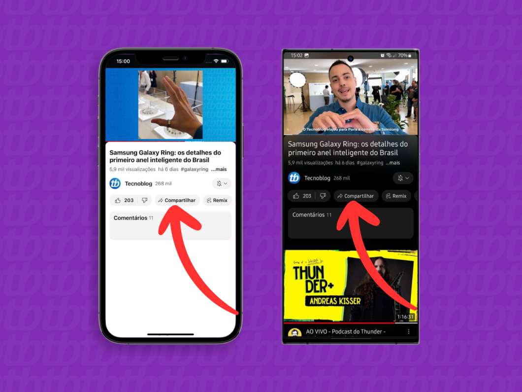 Capturas de tela do aplicativo YouTube no iPhone e no Android mostram como acessar o botão "Compartilhar"