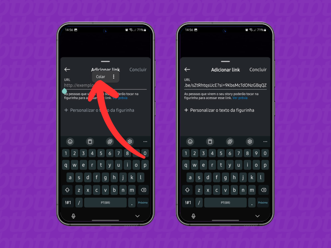 Capturas de tela do aplicativo Instagram mostram como colar o link do YouTube na figurinha do Stories