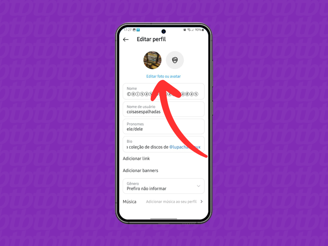 Captura de tela do aplicativo Instagram mostra como acessar o submenu Editar foto ou avatar