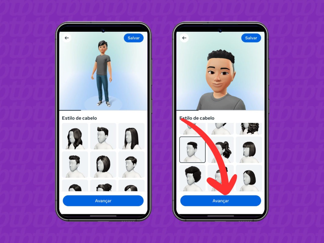 Capturas de tela do aplicativo Instagram mostram como selecionar o estilo de cabelo do avatar