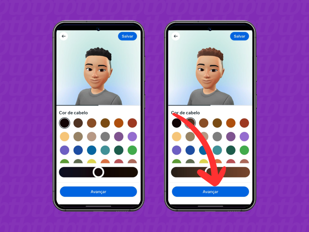 Capturas de tela do aplicativo Instagram mostram como selecionar a cor do cabelo do avatar