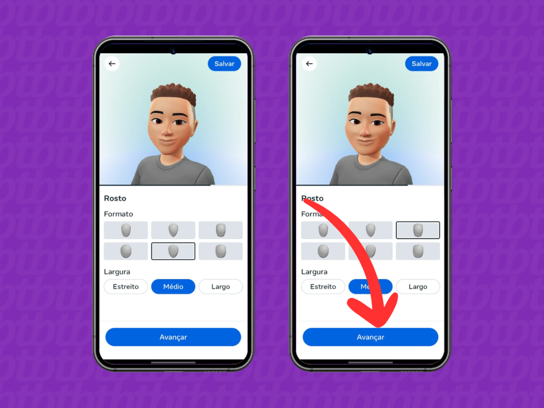 Capturas de tela do aplicativo Instagram mostram como selecionar o rosto do avatar
