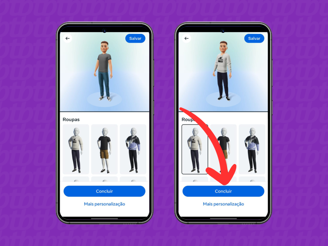 Capturas de tela do aplicativo Instagram mostram como selecionar as roupas do avatar