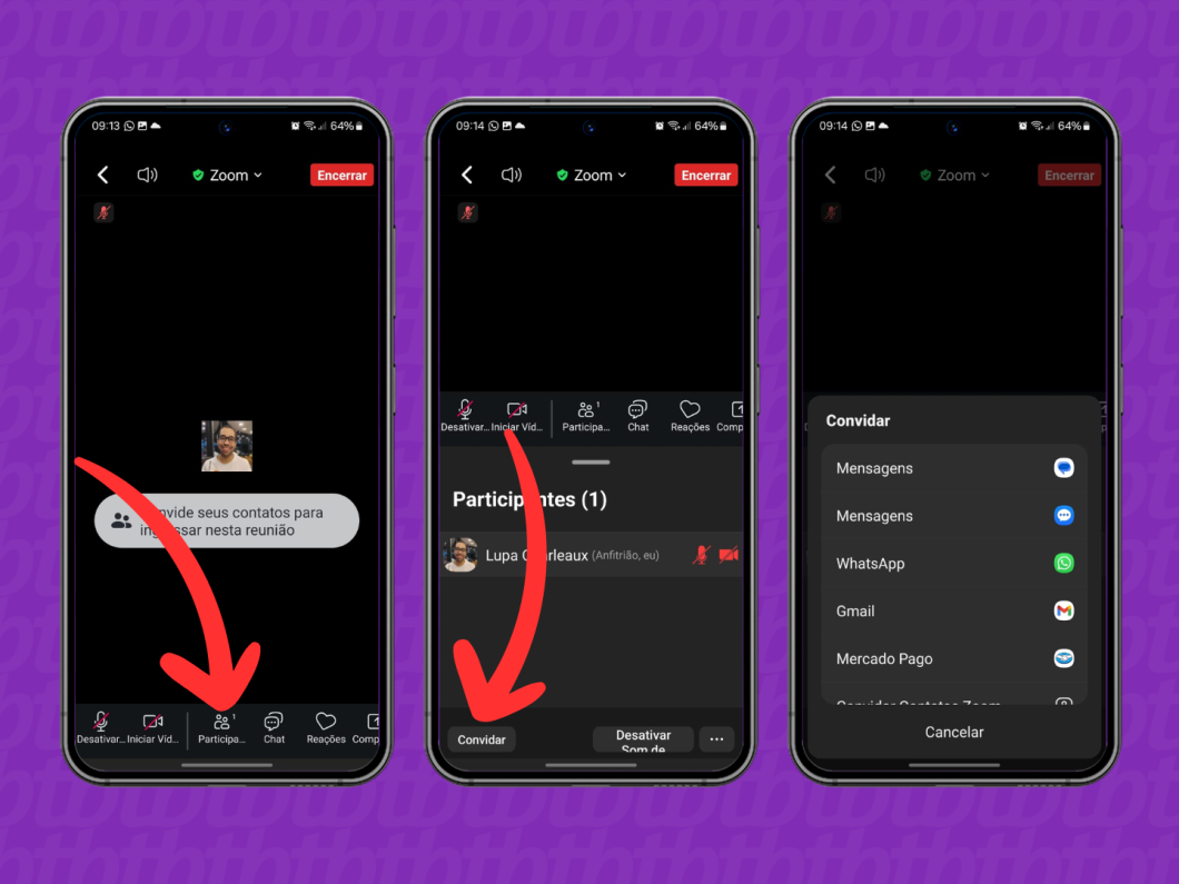 Capturas de tela do aplicativo Zoom mostram como convidar pessoas para a reunião