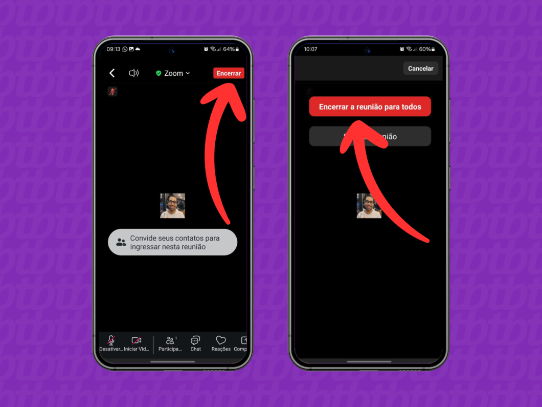 Capturas de tela do aplicativo Zoom mostram como encerrar a reunião