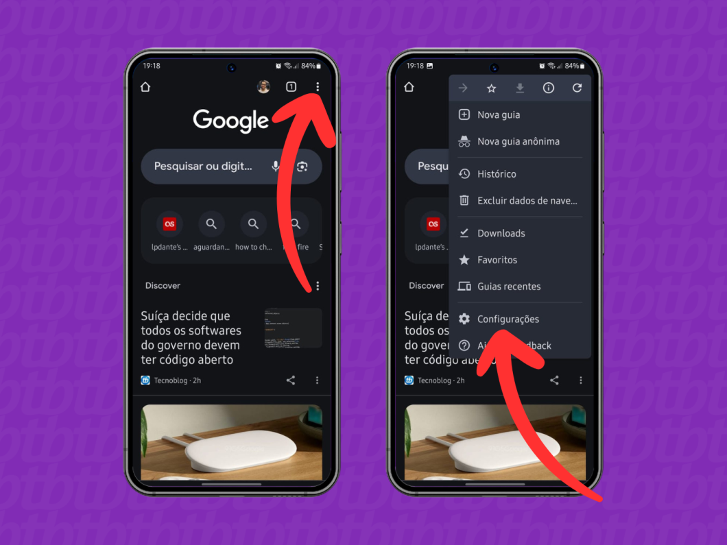Capturas de tela do navegador Google Chrome para Android mostram como acessar as Configurações