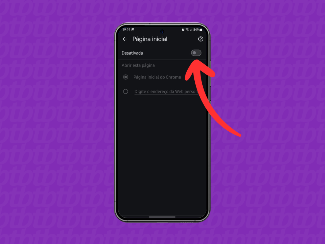 Captura de tela do navegador Google Chrome para Android mostra como ativar a opção Página Inicial