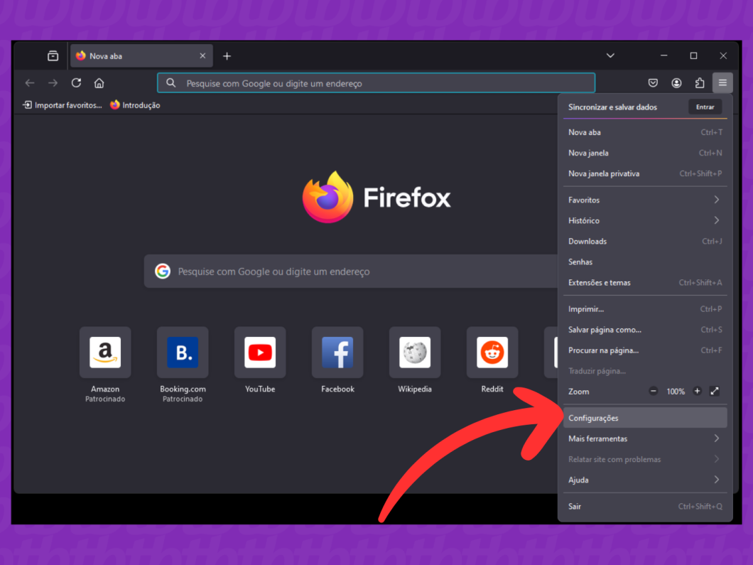 Captura de tela do navegador Mozilla Firefox mostra como acessar o menu Configurações