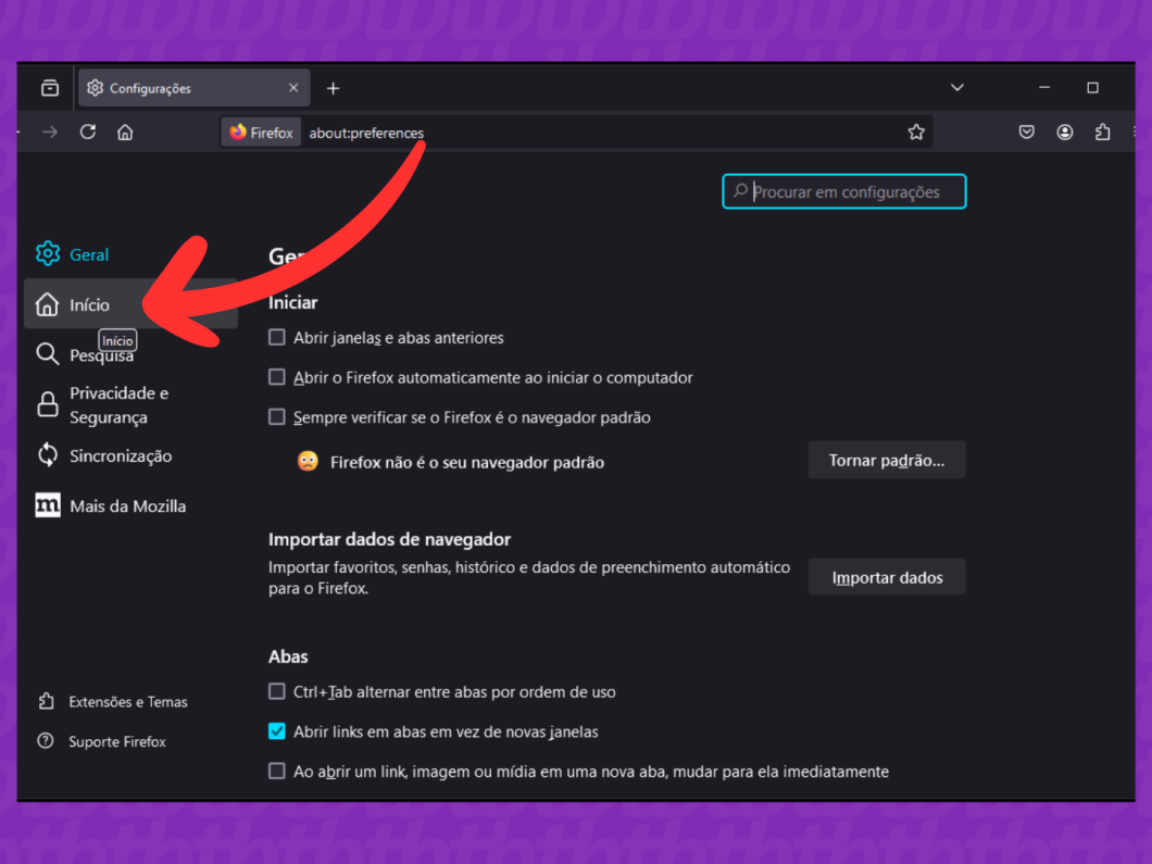 Captura de tela do navegador Mozilla Firefox mostra como abrir o menu Início