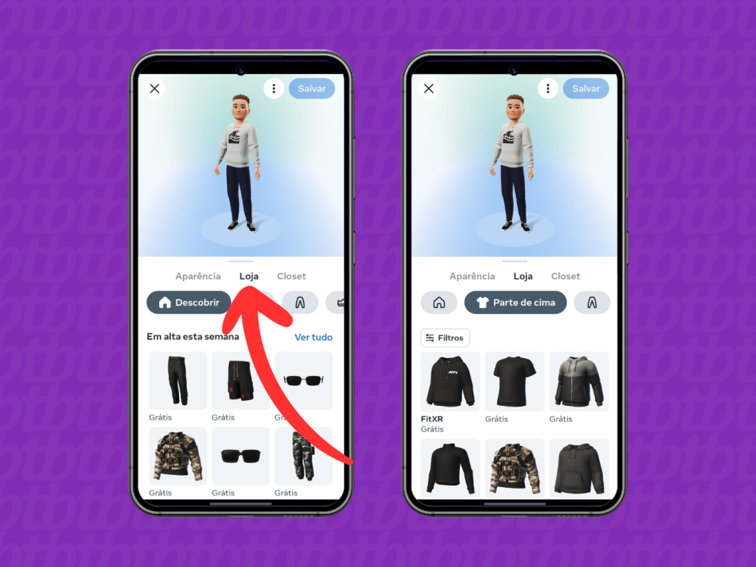 Capturas de tela do aplicativo Instagram mostram como abrir a aba loja na edição do avatar
