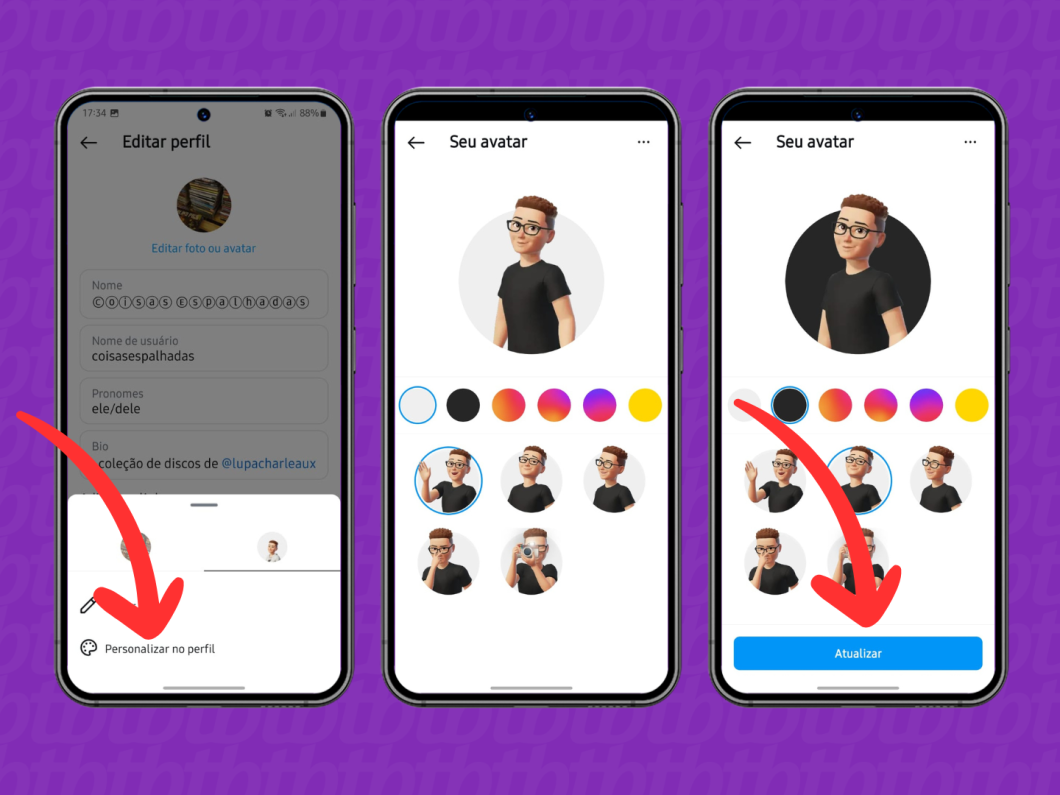Capturas de tela do aplicativo Instagram mostram alterar a posição do avatar na imagem de exibição