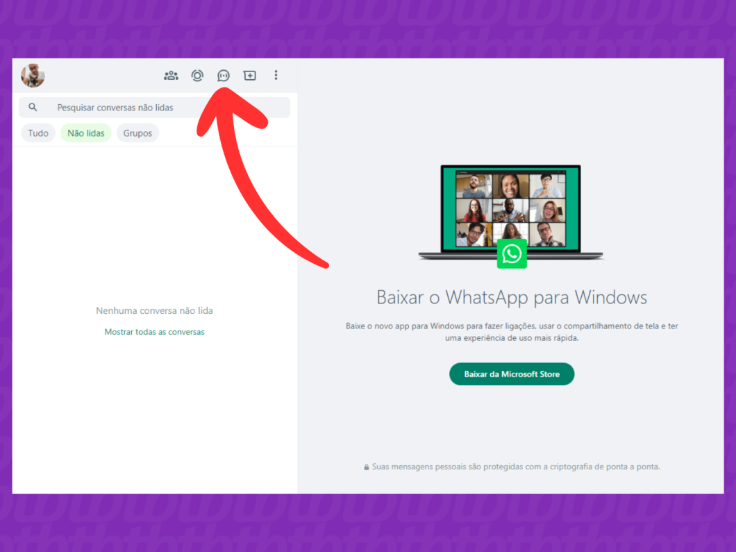 Captura de tela do site WhatsApp Web mostra como abrir a aba "Canais"