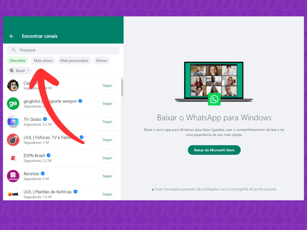 Captura de tela do site WhatsApp Web mostra como filtrar as sugestões de canais