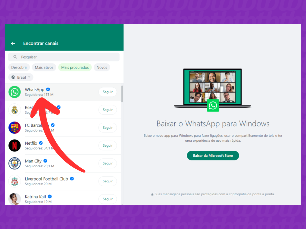 Captura de tela do site WhatsApp Web mostra como acessar um canal