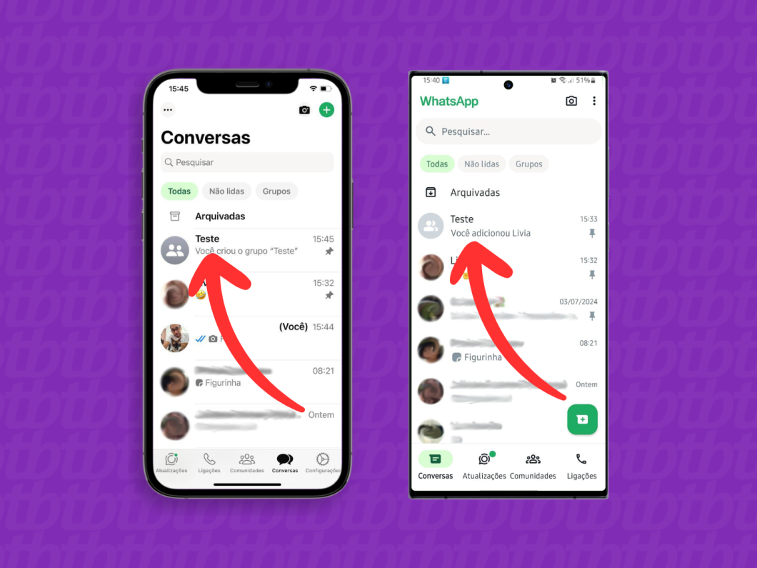 Capturas de tela do WhatsApp no iPhone e no Android mostram como acessar um grupo