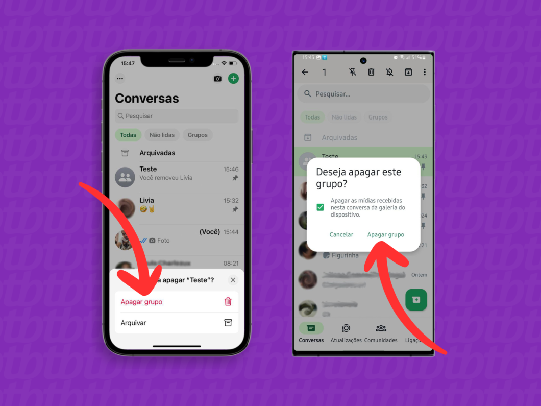 Capturas de tela do WhatsApp no iPhone e no Android mostram como confirmar a exclusão de um grupo