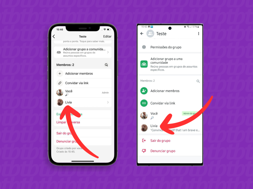 Capturas de tela do WhatsApp no iPhone e no Android mostram como selecionar um membro do grupo