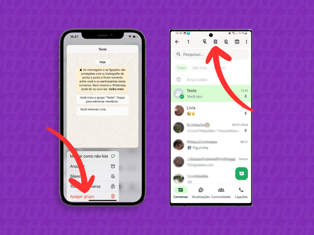 Capturas de tela do WhatsApp no iPhone e no Android mostram como excluir um grupo