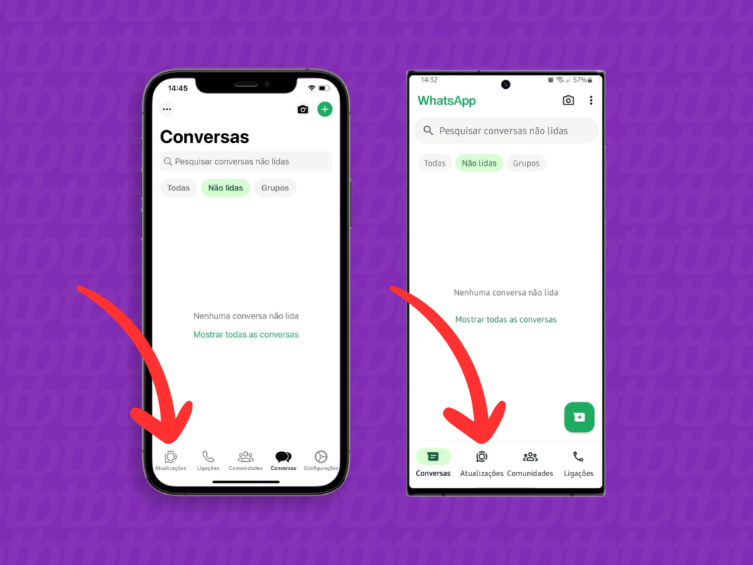 Capturas de tela do aplicativo WhatsApp no iPhone e no Android mostram como abrir a aba Atualizações